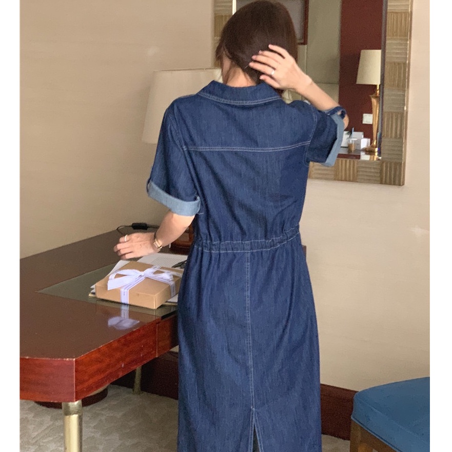 Đầm Denim Tay Ngắn Dáng Rộng Cột Dây Eo Phong Cách Hàn Quốc Thời Trang 52118