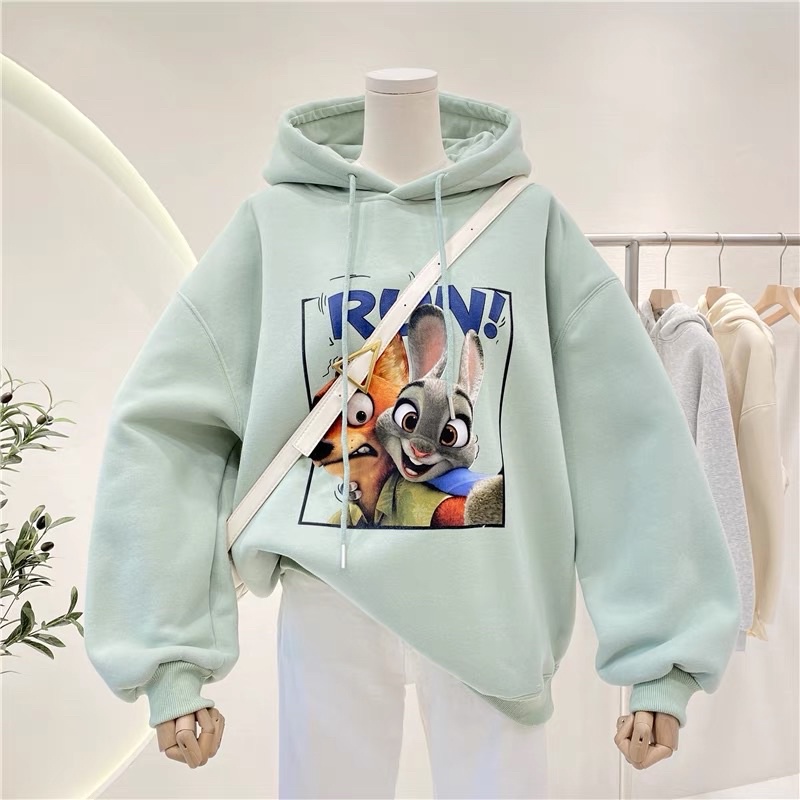 Áo hoodie form rộng Vải Nỉ Lót Bông Dày Dặn In Run Unisex