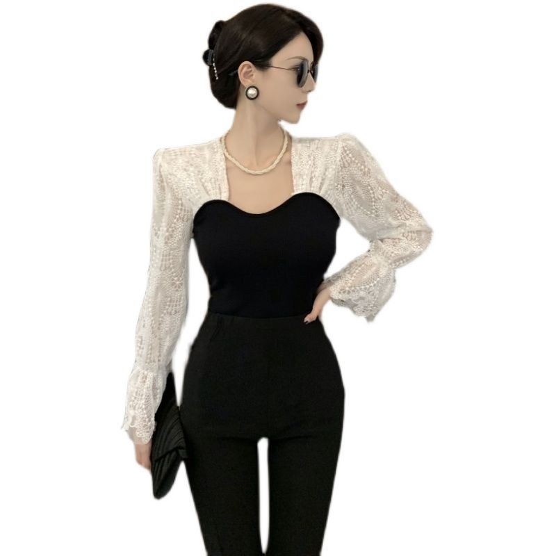 Áo dệt kim phối ren thời trang mùa thu mới dễ phối đồ dành cho nữ