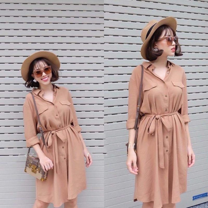Đầm sơ mi cột eo