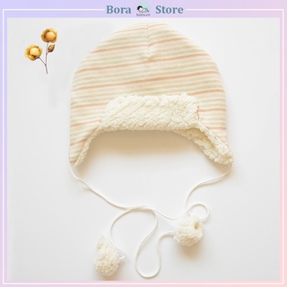 Mũ đội đầu che tai cho bé, bông cashmere hữu cơ tự nhiên, có dây buộc