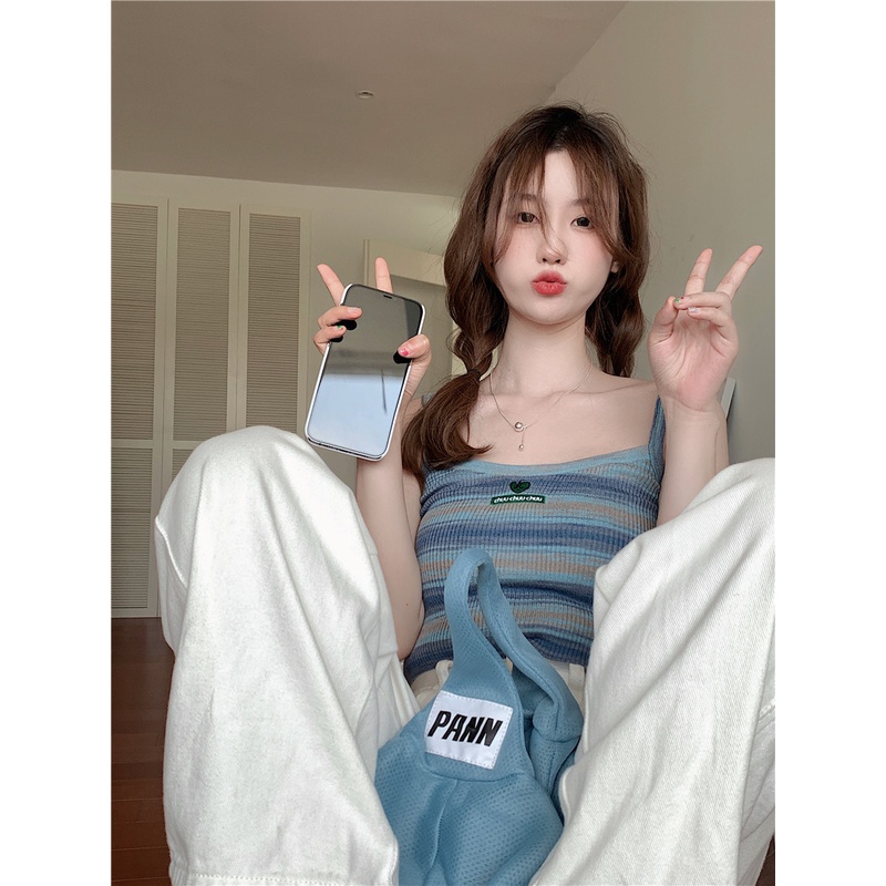 Áo Dệt Kim Hai Dây Dáng Ôm Họa Tiết Kẻ Sọc Nhiều Màu Sắc Thời Trang Mùa Hè Phong Cách Hàn Quốc Cho Nữ