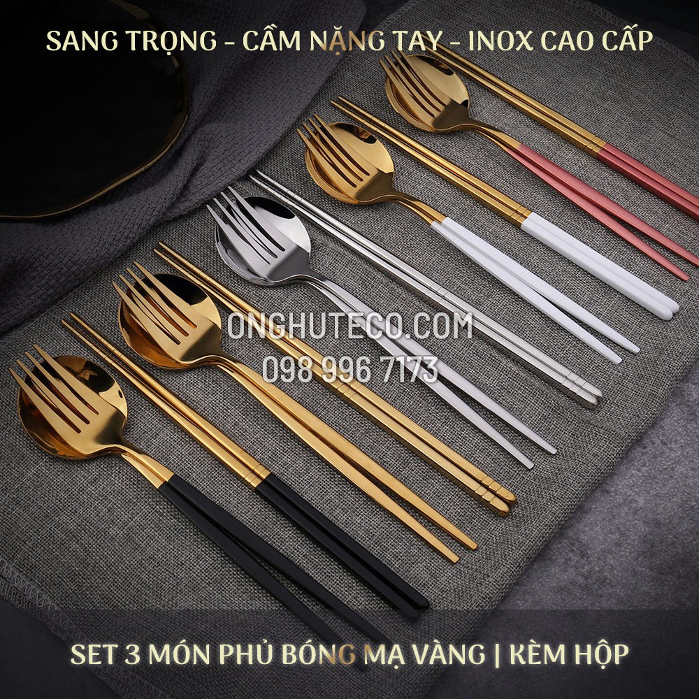 Set 3 Món Muỗng Đũa Nĩa Cơm Trưa Phủ Bóng Mạ Vàng Sang Trọng