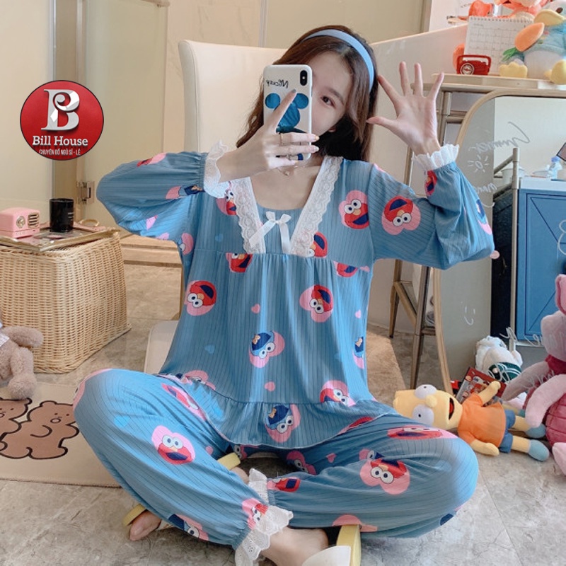 Đồ Bộ Nữ Pijama Thun Mềm Phối Nơ Cực Xinh Tay Dài Quần Dài TD03