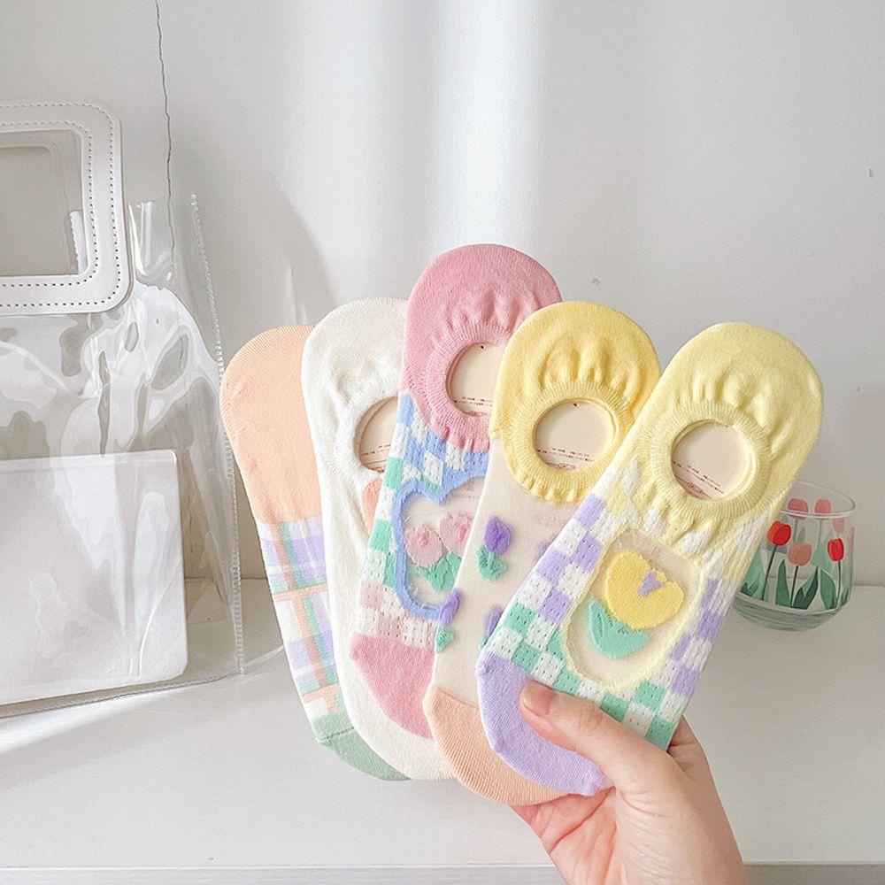 DWAYNE Vớ Cotton Cổ Thuyền Phối Lưới In Hình Hoa Tulip Dễ Thương Phong Cách Harajuku Thời Trang Cho Nữ