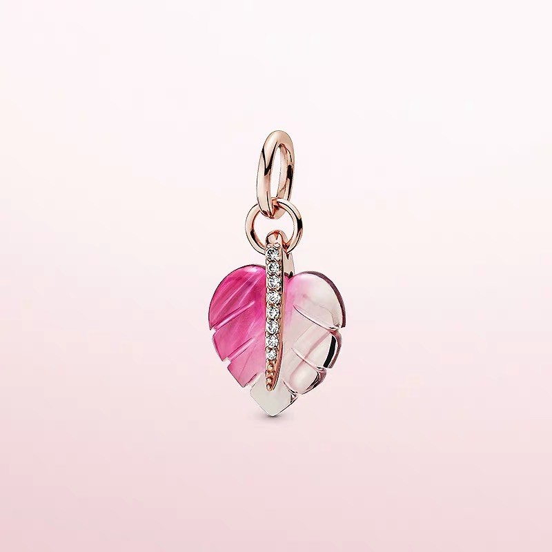 charm pan treo chiếc lá hồng đính đá bạc s925 cao cấp