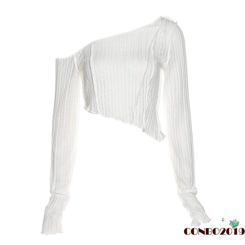 Áo Croptop Tay Dài Màu Trơn Dáng Ôm Thiết Kế Lệch Tà Thời Trang Quyến Rũ Cho Nữ
