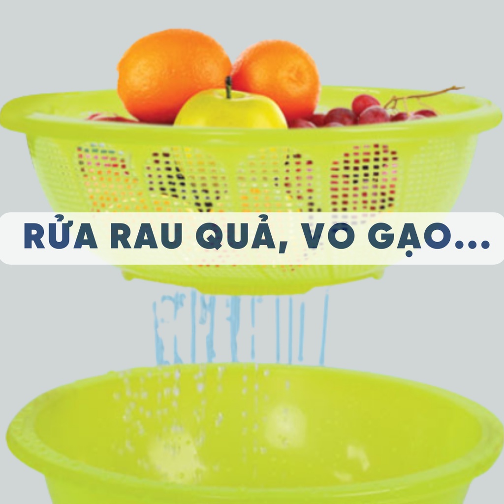 Bộ thau rổ nhựa rửa rau củ quả, vo gạo đường kính miệng 23 cm đến 39 cm chất liệu nhựa PP màu hồng, đỏ, lá, vàng