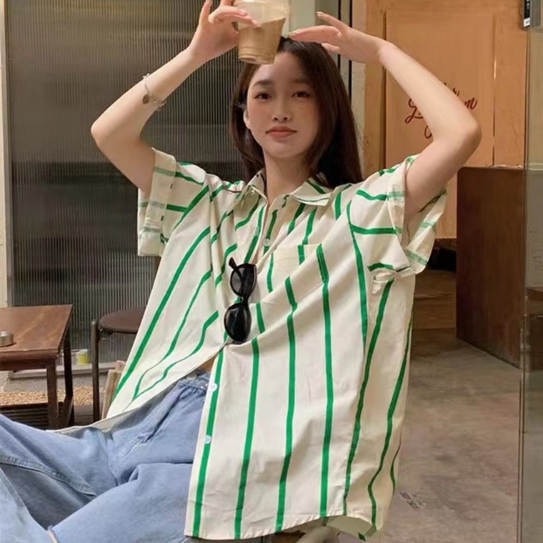Áo Sơ Mi Ngắn Tay Họa Tiết Kẻ Sọc Màu Sắc Tương Phản Thời Trang Mùa Hè