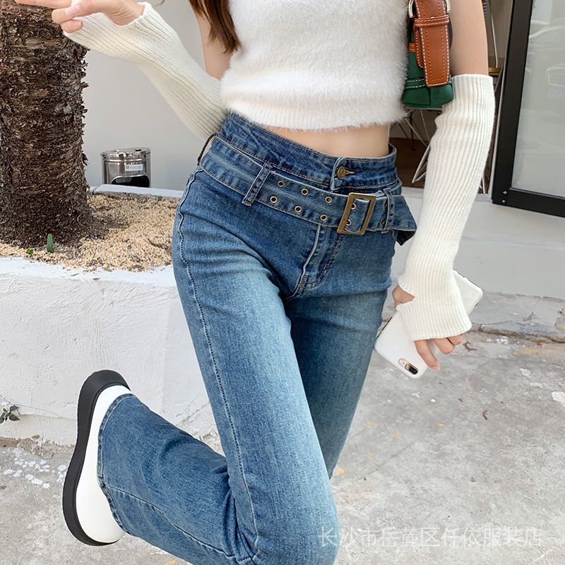 Âu Mỹ Hot Quần Jean Ống Loe Lưng Cao Dáng Ôm Cổ Điển Hợp Thời Trang Xuân Hè Cho Nữ