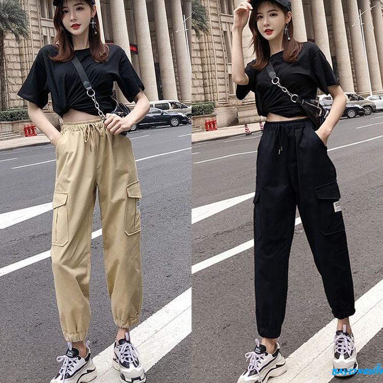 Quần jogger phối túi hộp màu trơn lưng thun cá tính dành cho nữ