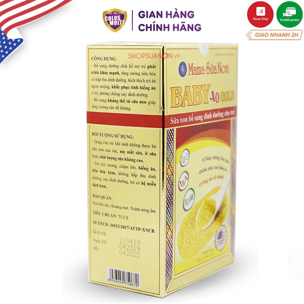 Sữa non Colosmulti Baby A0 Gold hộp 20 gói x 9g tăng cường tiêu hóa và sức đề kháng cho bé