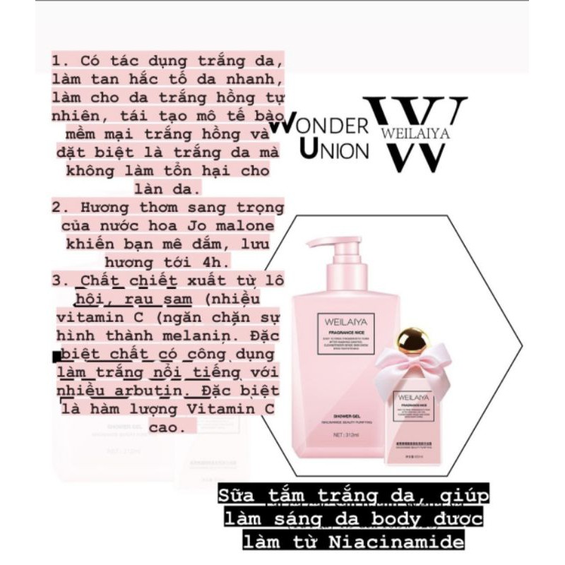 Sữa Tắm Trắng Da Weilaiya Fragrance Nice Hồng, Gel tắm WEILAIYA  Trứng cá tằm Caviar chai to 312ml [CHÍNH HÃNG]