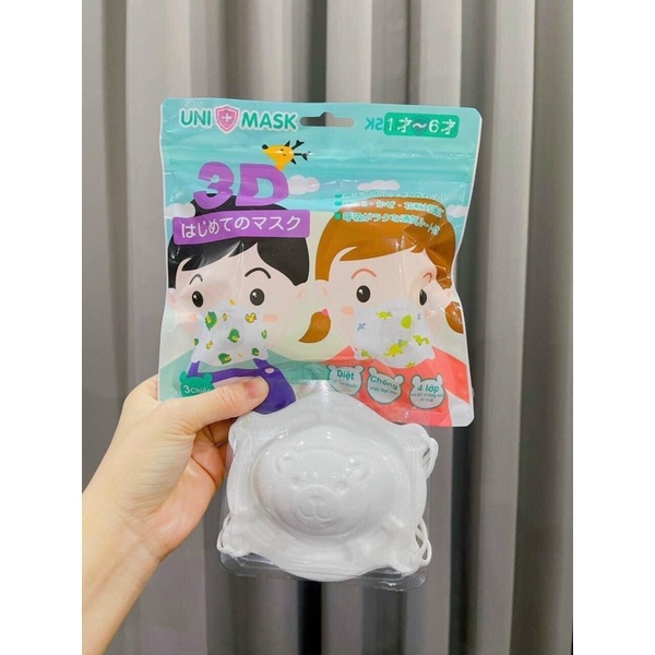 Hộp 3 khẩu trang gấu Uni Mask cho bé 6 tháng - 3 tuổi (có nút chỉnh dây đeo)