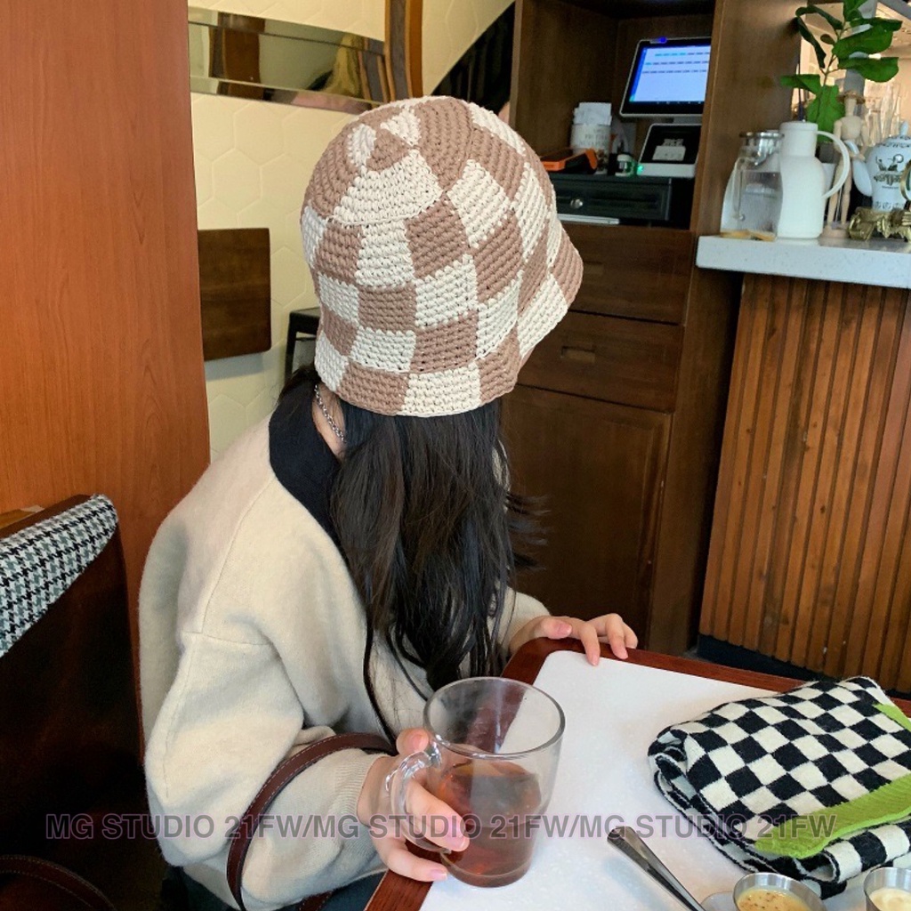 Mũ Bucket MG STUDIO Dệt Kim Họa Tiết Caro Thời Trang