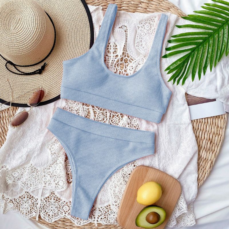 Bikini Len Tăm Pastel Cổ Vuông Quần Cạp Cao
