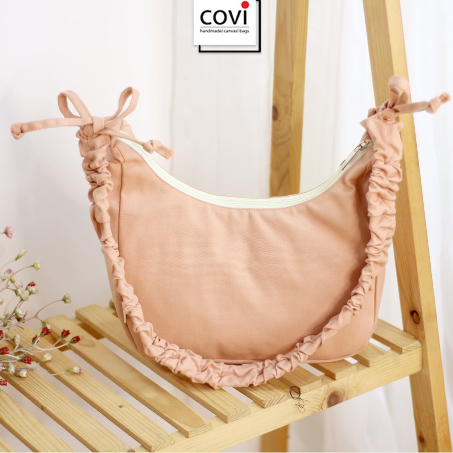 Túi Đeo Chéo Đeo Vai Vải Canvas Dây Nhún Rút Hình Bán Nguyệt Thời Trang COVI Màu Den Trang Xanh Xam T32