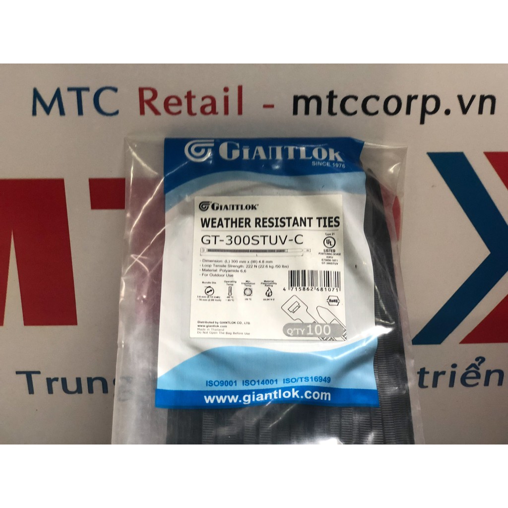 Túi 100 Dây thít, dây rút nhựa màu đen 300×4.8mm chống tia UV GT300STCBUV nhập khẩu Giantlok-Thái Lan