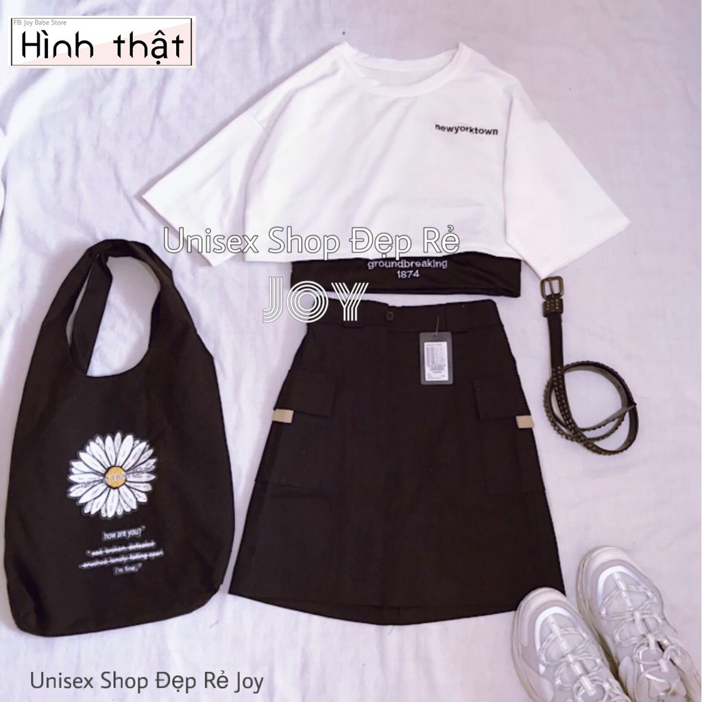 Set áo croptop form rộng năng động JOY BABE ❤️gồm bra ba lỗ +áo thun crop cổ tròn áo nhóm đen trắng chất ngầu SCRN 6 -1