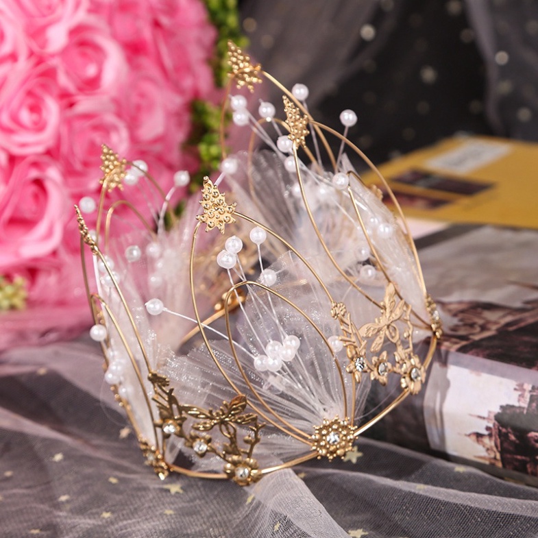 vương miện trang trí bánh [FREESHIP❤️] vương miện hợp kim vàng tua hạt nhựa