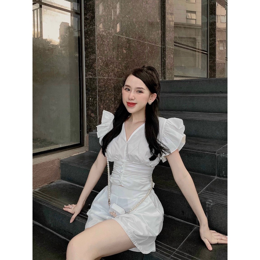 Sét bộ cánh tiên áo phồng nhún éo phối quần đùi ống rộng siêu xinh dành cho các nàng diện đi chơi