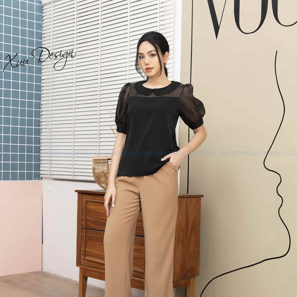 Áo sơ mi nữ công sở vải lụa phối voan tay lỡ cổ sen tròn - XUU DESIGN - SP17