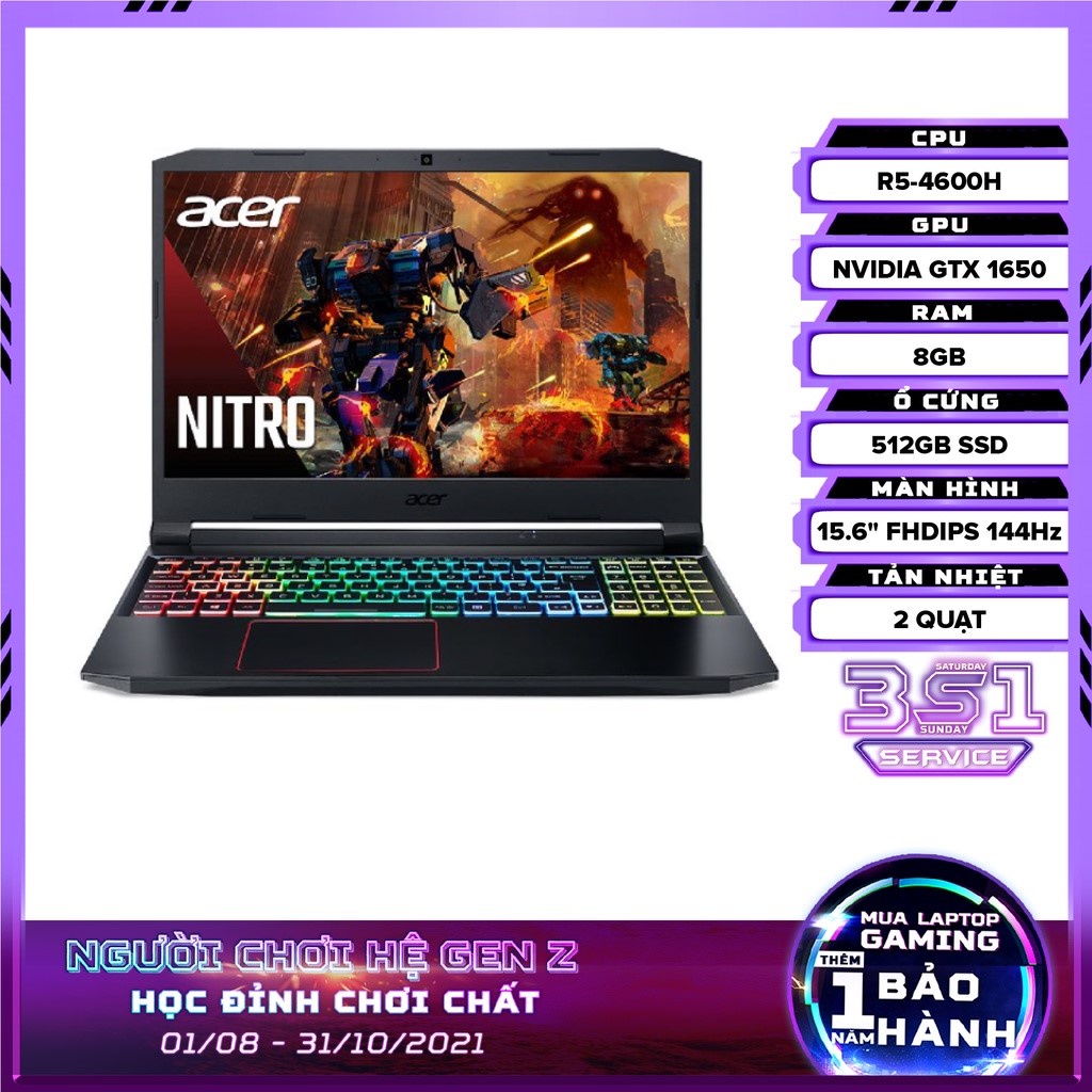 [Mã ELMALL300K giảm 5% đơn 500K] Laptop Acer Nitro 5 AN515-44-R9JM R5-4600H 8GB 512GB GTX1650 15.6'' W10