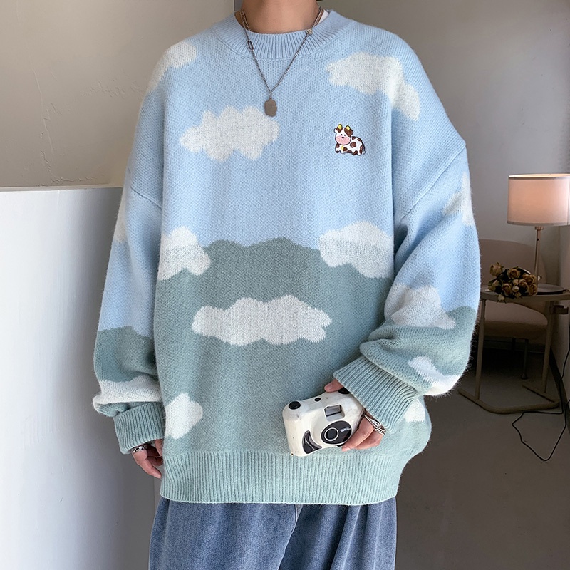 Áo len tay dài dáng rộng họa tiết hoạt hình phong cách thu đông Hàn Quốc cho nam