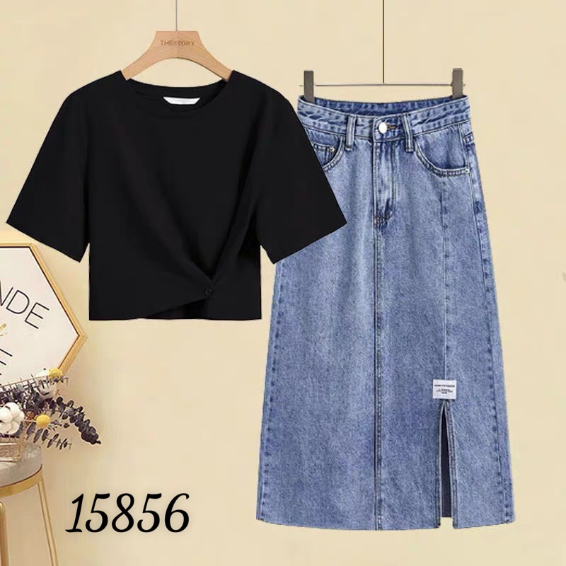 Bộ BIGSIZE Áo thun và Váy JEAN dài x ẻ 15856