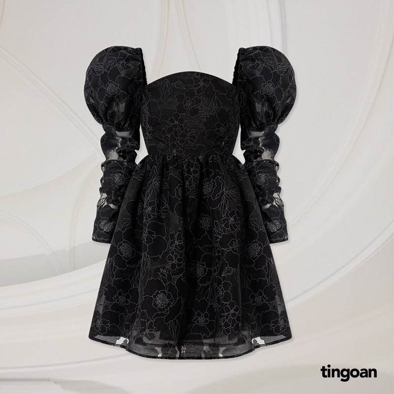 TINGOAN® - Váy vai bồng bóng kính vân hoa đen 3 lớp vải tingoan PRETTY IN ROSÉ DRESS/BL