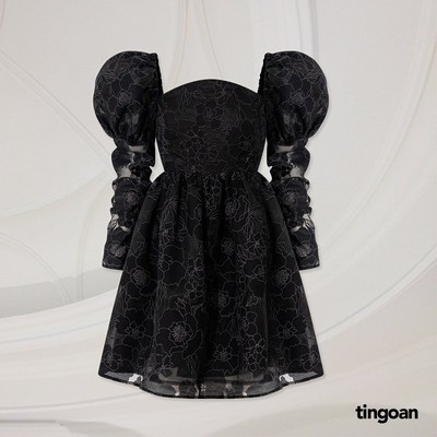 TINGOAN® - Váy vai bồng bóng kính vân hoa đen 3 lớp vải PRETTY IN ROSÉ DRESS/BL