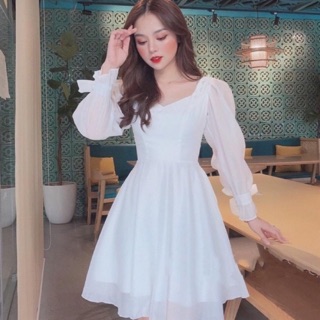 Váy tơ tay nơ, váy ngọc vai tay buộc nơ, váy tiệc