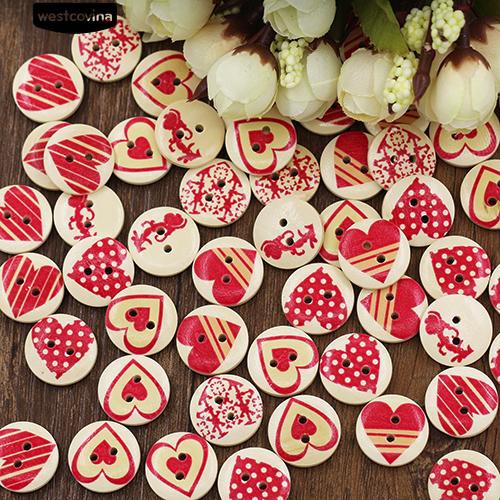 Set 100 nút hình tròn 2 lỗ họa tiết trái tim tự làm may vá thủ công