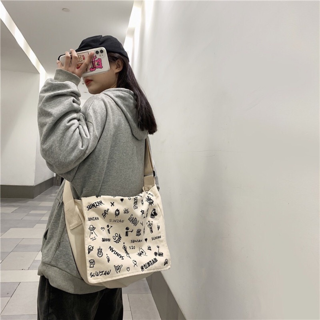 Túi tote vải đeo chéo canvas unisex cao cấp đựng vừa khổ a4 đi học đi chơi CVI35