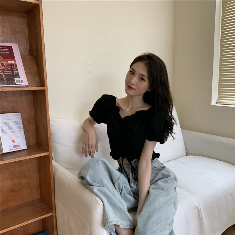 Áo croptop tay phồng cổ chữ V phối dây rút thời trang cho nữ