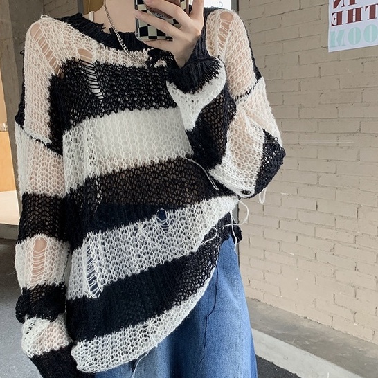 Áo sweater len lưới họa tiết kẻ sọc đen trắng dài tay phong cách cá tính thời trang Becky