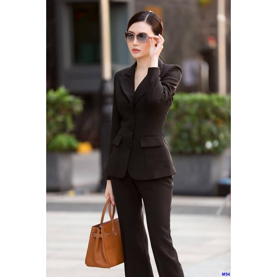 Set Bộ Vest Đen Quần Ống Suông Sang Trọng