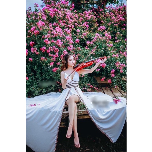 Đầm maxi voan trắng xoè 2 dây cúp ngực xẻ đùi phối thổ cẩm Đầm váy đi chơi du lịch đi biển hotgirl tk đơn giản đi Đà Lạt