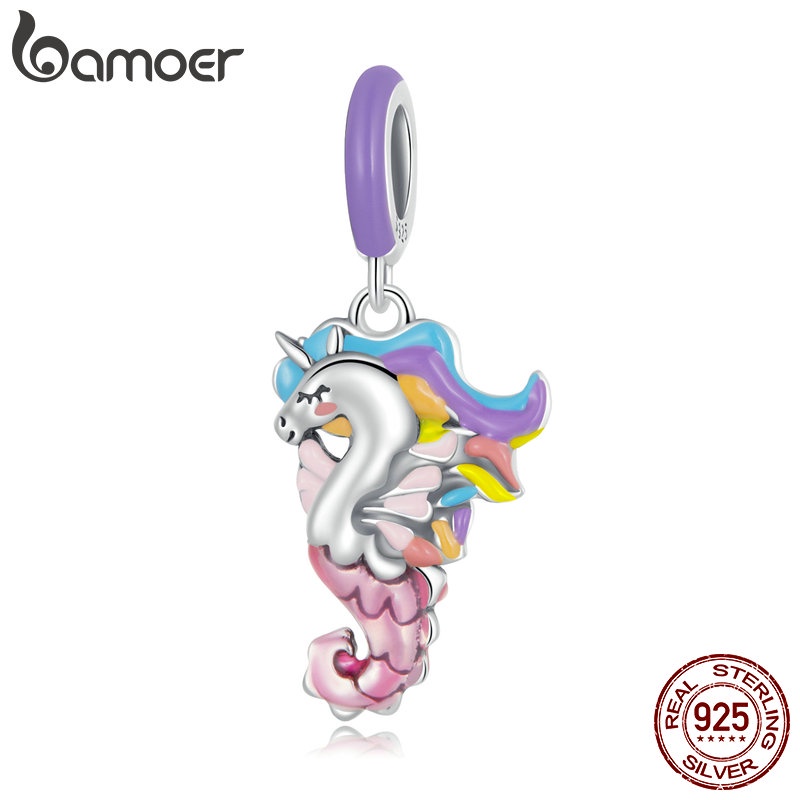 Mặt vòng cổ BAMOER bằng bạc 925 hình cá ngựa hoạt họa