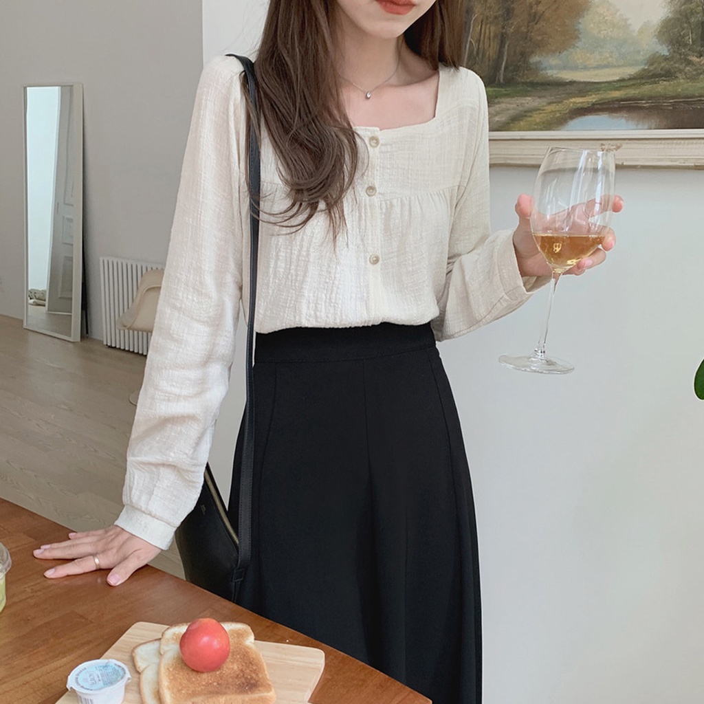 SUXI Áo Sơ Mi Tay Dài Cổ Vuông Màu Sắc Đơn Giản Dễ Phối Đồ Phong Cách Hàn Quốc Cho Nữ