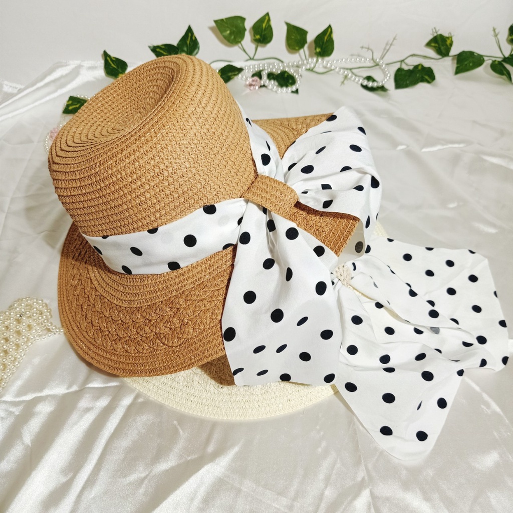 Nón cói,mũ cói nữ đi biển vành nhỏ nơ chấm bi xoè to tiểu thư xinh đẹp, hình shop chụp thật