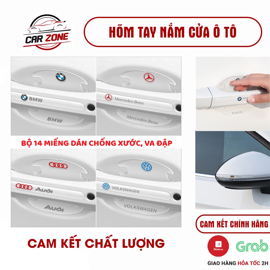 Bộ 14 miếng hõm cửa silicon 3 công dụng dán tay nắm cửa và gương chiếu hậu ô tô chống xước in logo các hãng xe