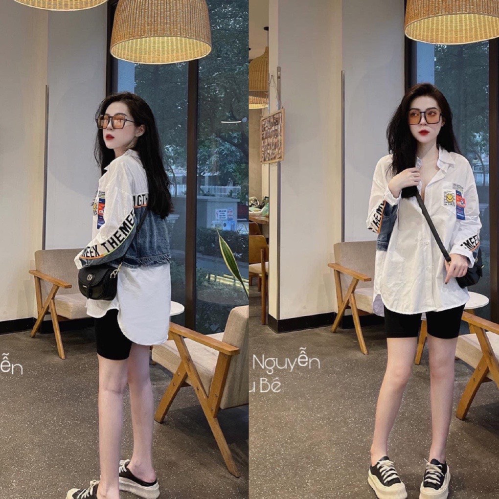Áo sơ mi form rộng phối bò áo sơ mi jean thêu chữ họa tiết TL005