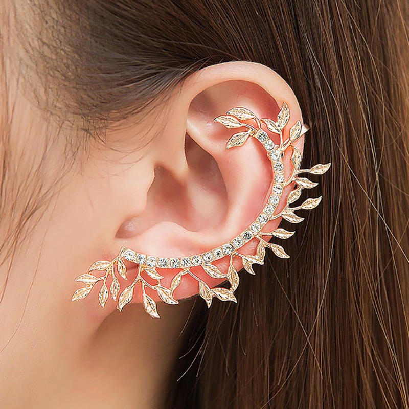 Khuyên tai kẹp vành hợp kim mạ vàng bạc đính đá pha lê toàn bộ hình chiếc lá phong cách vintage quà tặng cho nữ