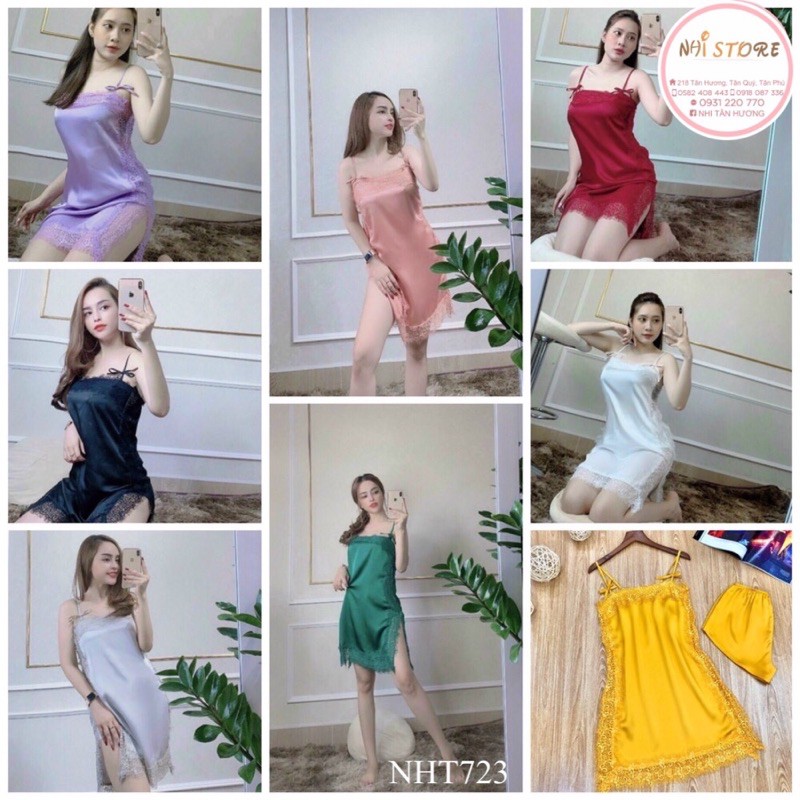 [FREESHIP 50K] Đầm Ngủ 2 Dây Nhistore Phối Ren Sexy Vải Lụa Satin Cao Cấp Freesize Dưới 55kg