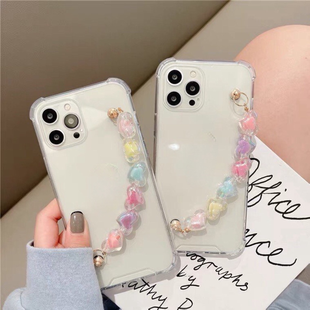 Ốp lưng ip trong trong suốt kèm dây móc thời trang hình trái tim cho các dòng ip6-ip14prm