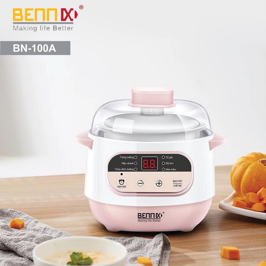 Nồi nấu cháo chậm, nồi hầm cách thủy cho bé BENNIX BN - 100A dùng để ninh, hấp, chưng yến, bảo hành 1 năm