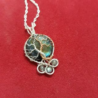 Dây chuyền bạc 2 cây Tree of Life 02 sắc thái với đá Xà cừ Labradorite + 3 đá nhỏ size S, M, L