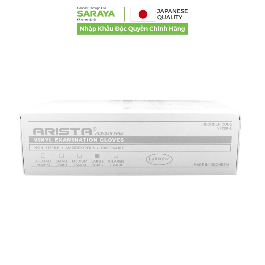 Găng tay Saraya Vinyl Không Bột Arista dùng trong thực phẩm, vệ sinh, y tế, công nghiệp điện tử - 100 Chiếc/Hộp