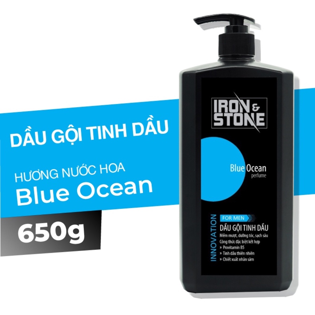 Combo 2 chai dầu gội Iron&Stone dành cho nam dung tích 650G hương Blue Ocean / Woody Space dưỡng tóc mềm mượt